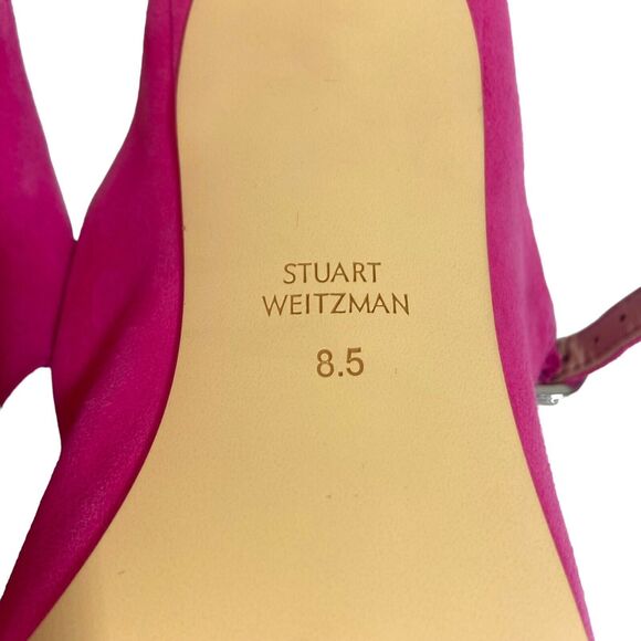 STUART WEITZMAN Women's Fuchsia Hot Pink Suede Heeled Mules Beaded Buckle 8.5 - Picture 9 of 12